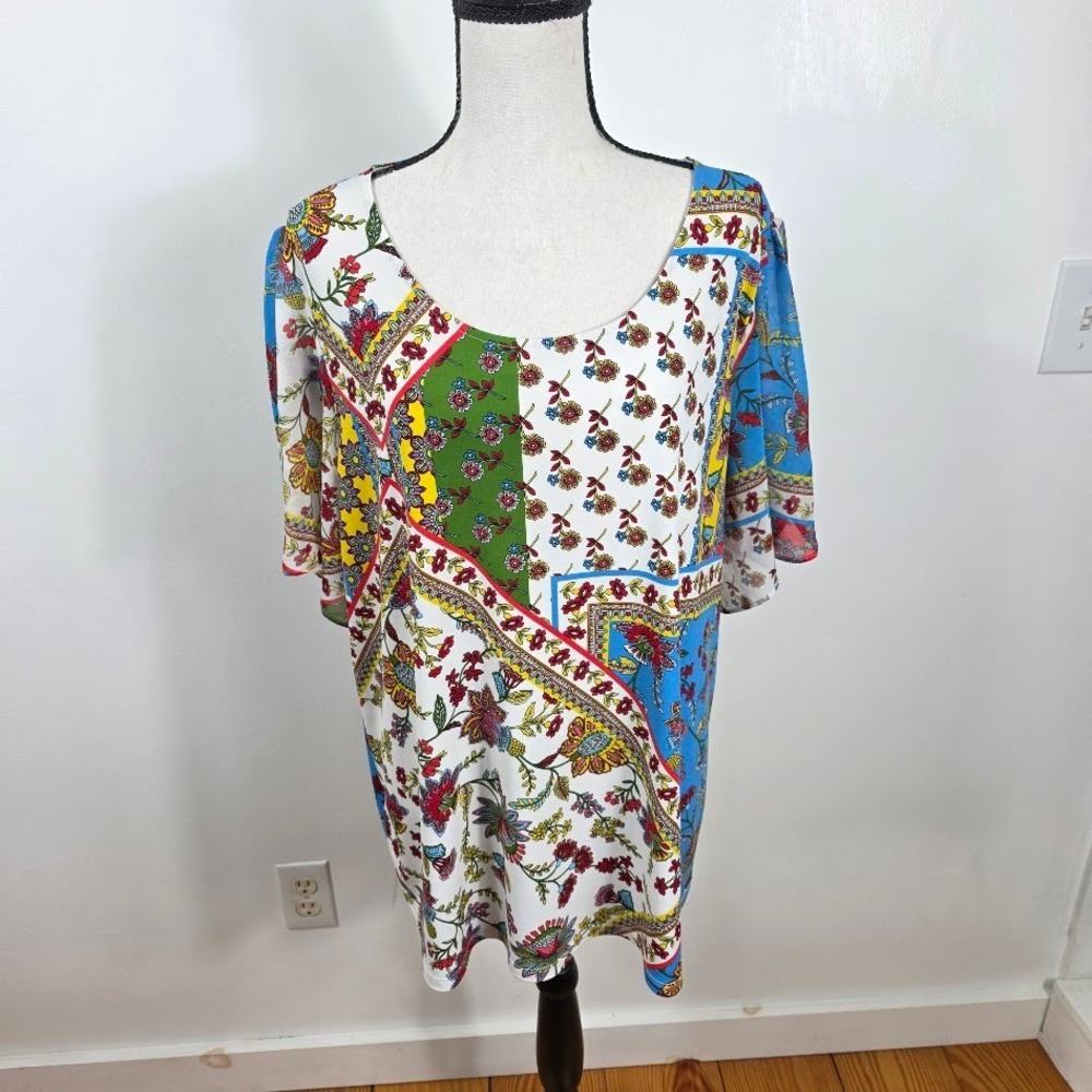 Calvin Klein Blouse 2X Women Boho Patchwork Floral Paisley Multicolor